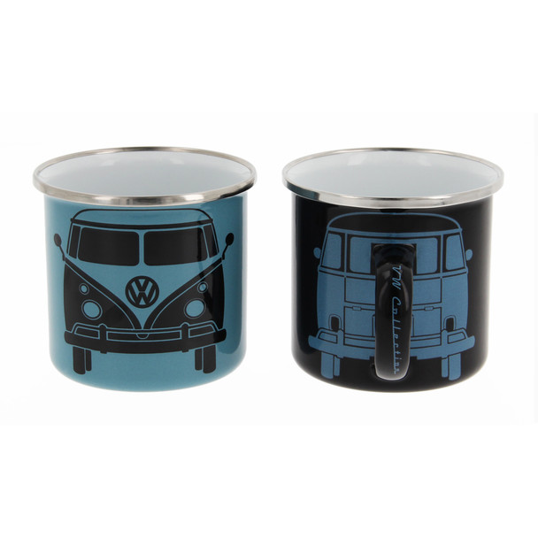 Volkswagen Campervan Petrol Blue & Black Enamel Tin Mug Set