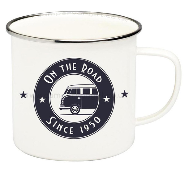 VW T1 Campervan On The Road Enamel Tin Mug