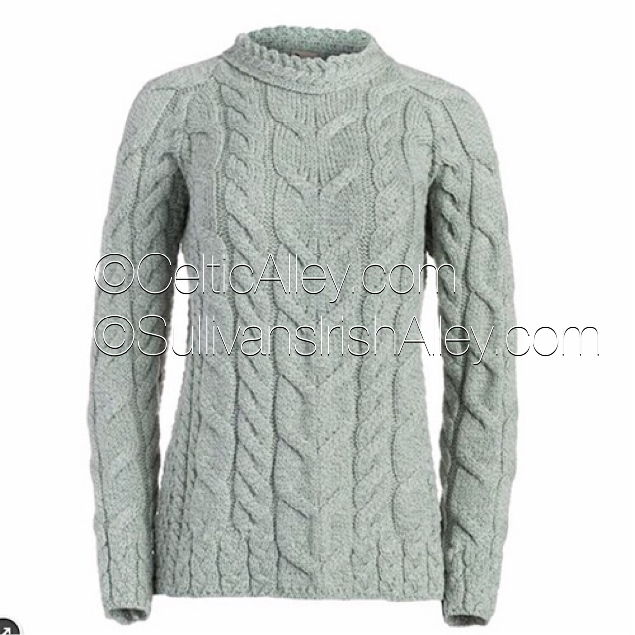 The Aisling Ladies Aran Sweater In Seafoam Green Made In Ireland