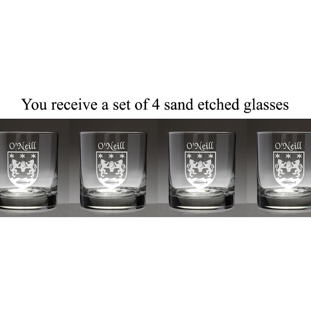 Irish Coat of Arms Family Crest Personalized Tumbler Glass Set - Set of 4  (Sand Etched)