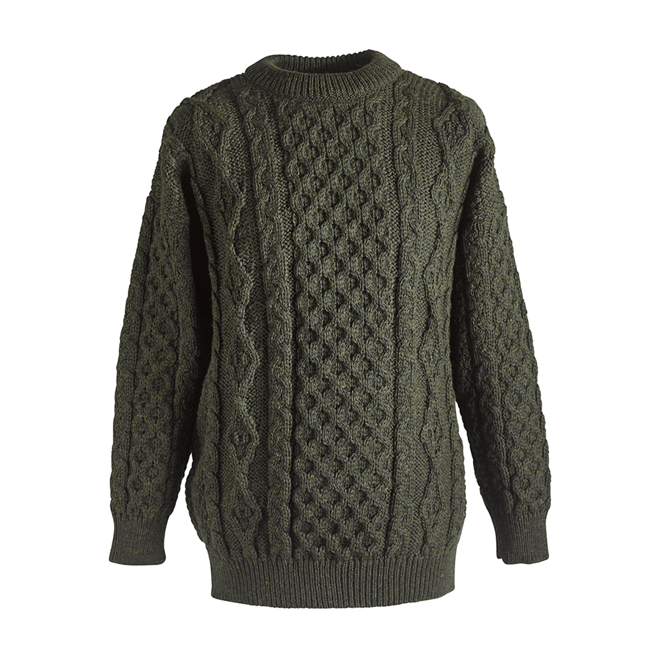 Aran Knit Sweater In Green Fleck Irish Made Celticalley Com