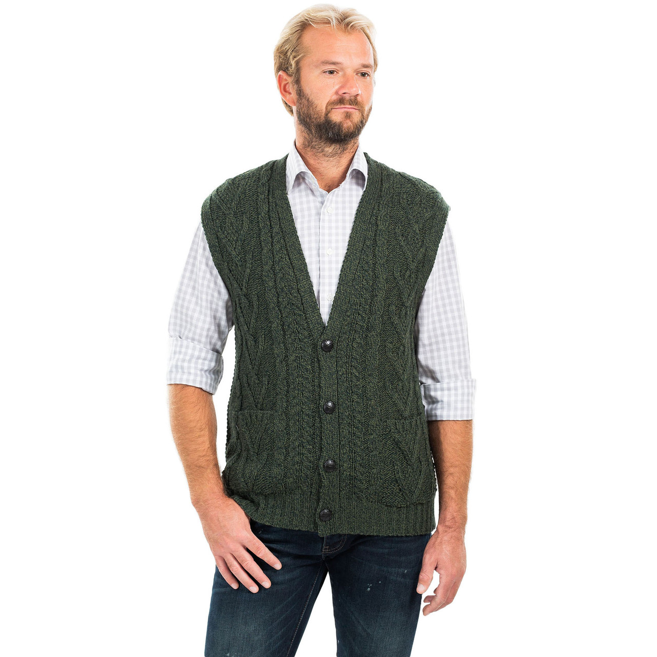 Mens Aran Sleeveless Cardigan in Dark Green - CelticAlley.com