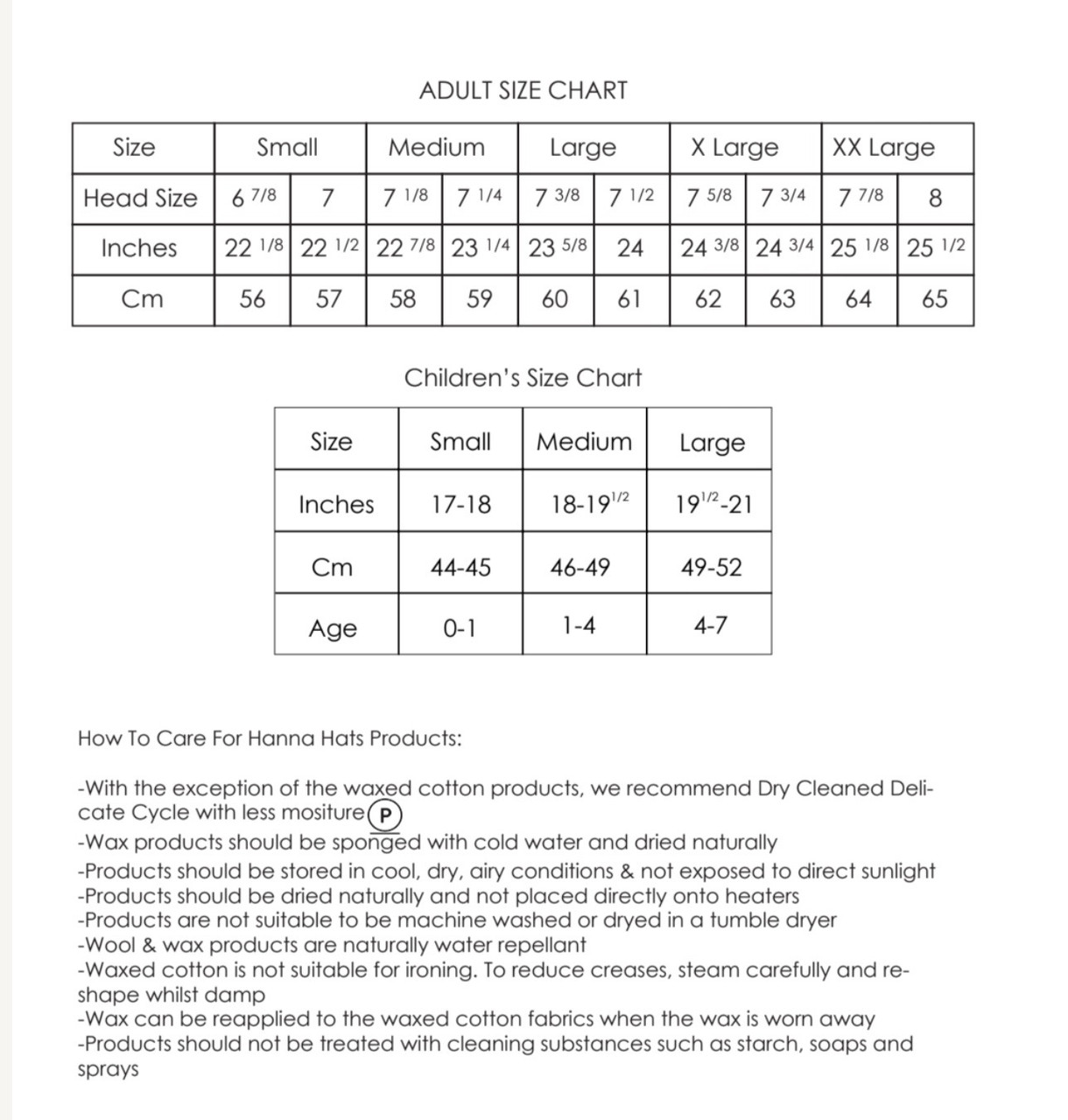 Hanna Hats Size Charts