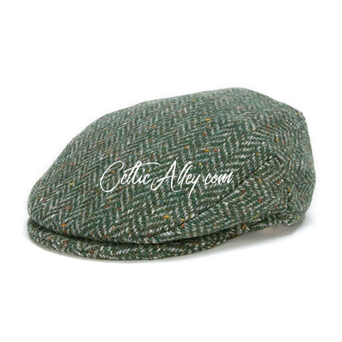 Hanna Hats of Donegal Tweed Vintage Cap in GREEN Herringbone HandMade in Ireland
