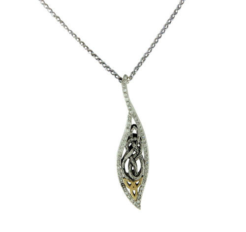 Sterling Silver Rhodium and 10k Yellow CZ Barked Leaf Pendant By Keith Jack