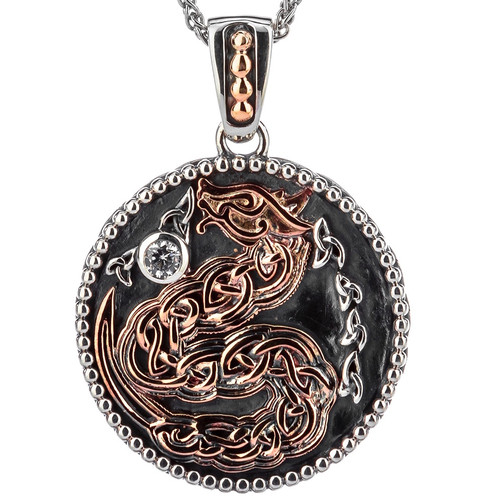 Sterling Silver Oxidized and 10k Rose CZ Medallion Reversible Dragon Pendant  By Keith Jack