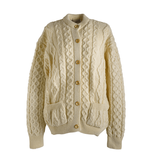 Our classic aran knit cardigan sweater  is made in Ireland.
100% pure new wool crew neck cardigan sweater with traditional stitches is comfortable and warm.
Available in sizes XS,S, M, L, XL, XXL
