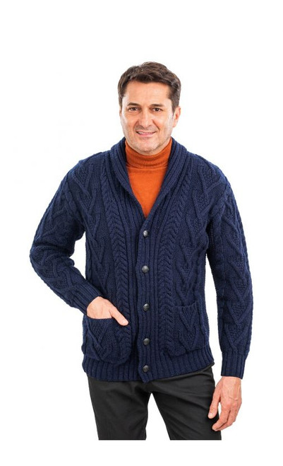 Mens Aran Cable Shawl-Collar Cardigan in Navy