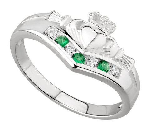 Sterling Silver Claddagh Wishbone Ring with Emerald & Cubic Zirconia S2751