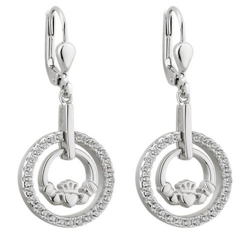 Sterling Silver & Cubic Zirconia Claddagh Round Drop Earrings S33903