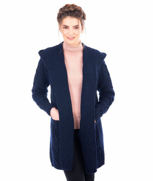 Ladies Classic Fit Long Cardigan Sweater with Hood in Navy