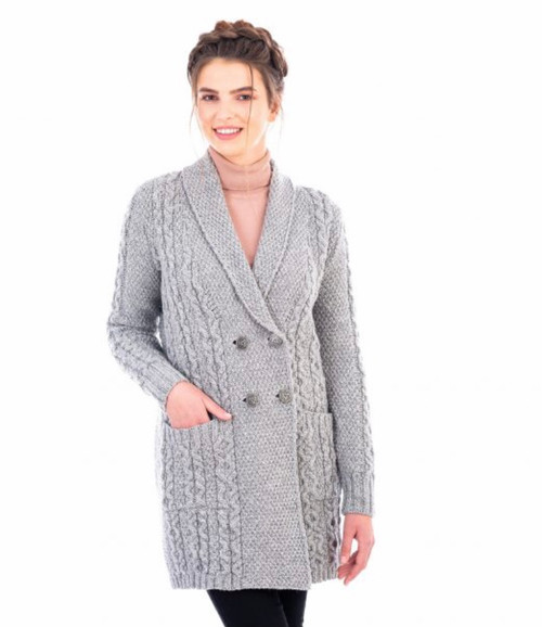 Ladies Double Breasted Shawl Collar Sweater Coat in Grey