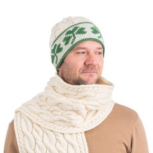 Cable Knit Shamrock Merino Wool Hat In Natural