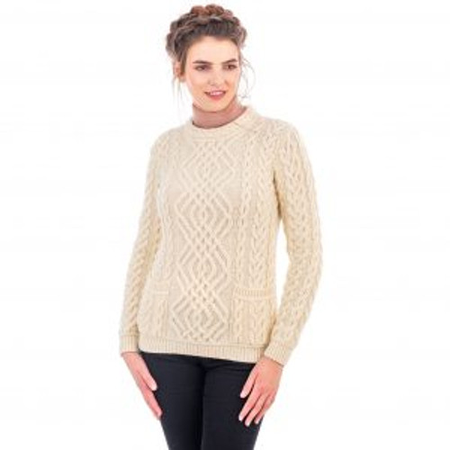 Ladies Cable Knit Crew Sweater With Pockets In Natural
