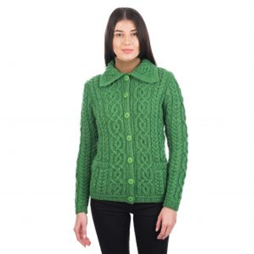 Ladies Button Knit Cardigan In Green