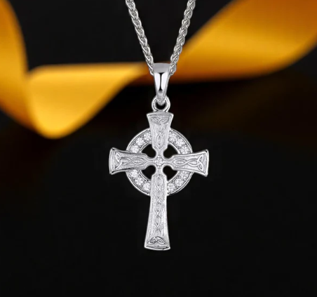 Small Sterling Silver Celtic Cross Pendant with Cubic Zirconia