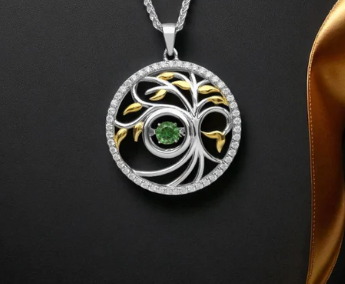 Sterling Silver Tree of Life Pendant with Clear Cubic Zirconia Surround and Green Stone