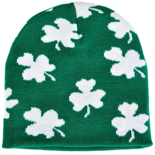 Knit Shamrock Beanie Hat in Green & White