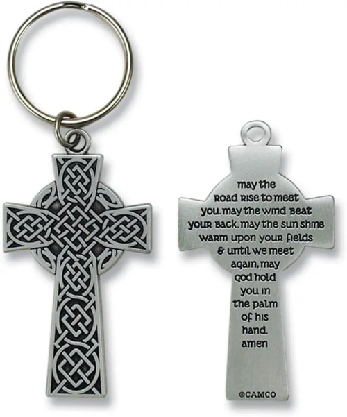 Metal Celtic Cross Key Ring w/Irish Blessing