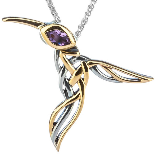 Sterling Silver and 10k Amethyst Hummingbird Pendant By Keith Jack