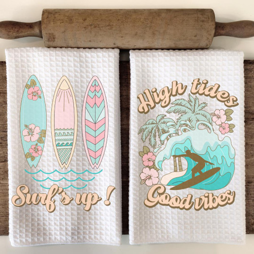 Beach Theme Waffle Weave Kitchen Towels - Coastal Decor