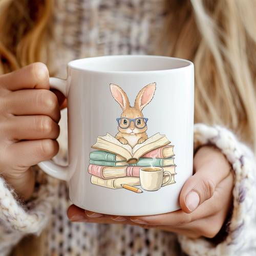 Book Lover Bunny Coffee Mug - Reading Rabbit Cup