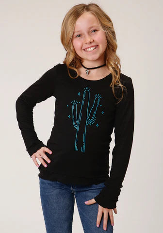 ROPER GIRLS TURQUOISE CACTUS SHIRT BLACK 03-009-0513-0197