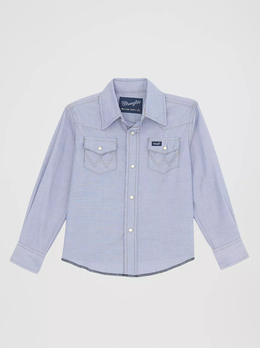 WRANGLER KIDS COWBOY CUT WESTERN SNAP SHIRT BLUE CHAMBRAY BW7013B