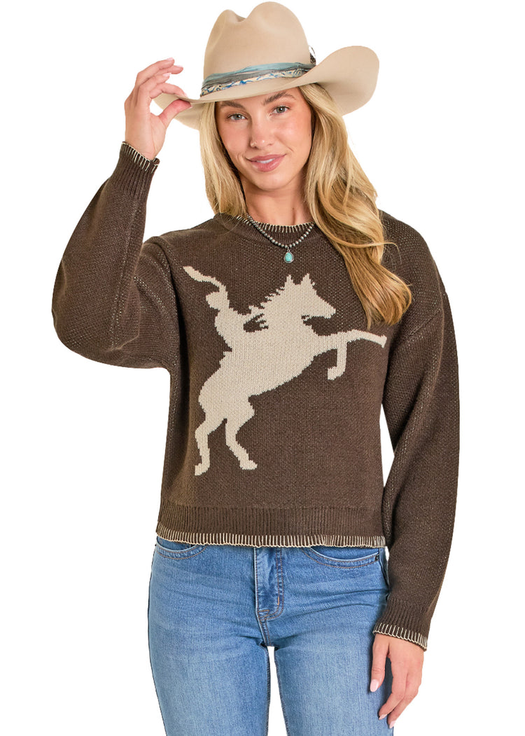ROCK & ROLL BLANKET STITCH HORSE SWEATER BROWN BW32T07819