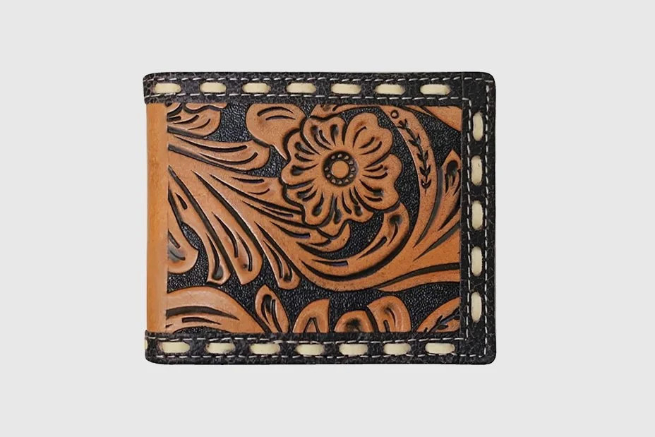 GEM-DANDY FLORAL EMBOSSED LEATHER PASSCASE WALLET COGNAC 8190000