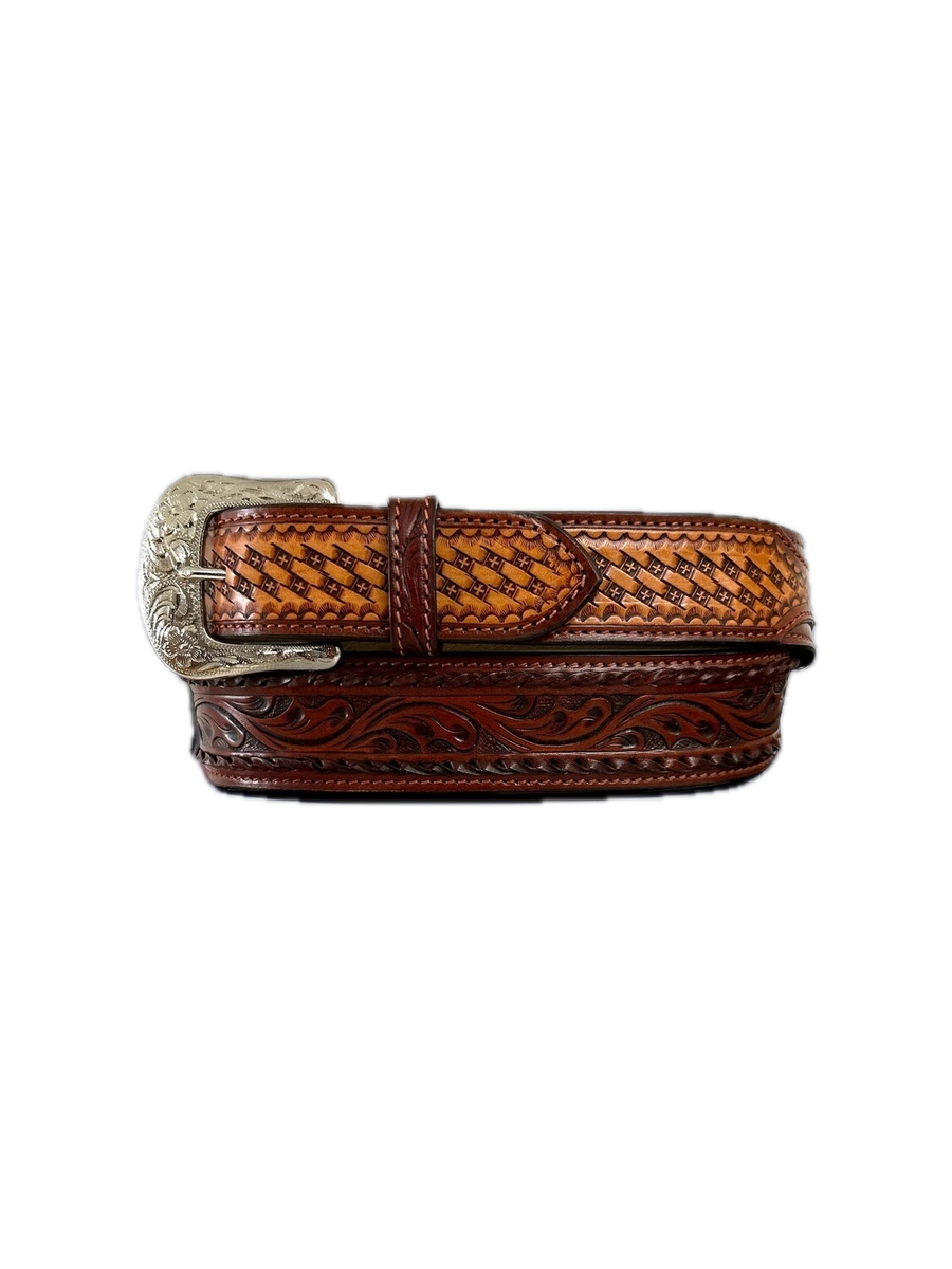 WESTERN FASHION TOOLED BASKETWEAVE FLORAL LEATHER BELT XWB699