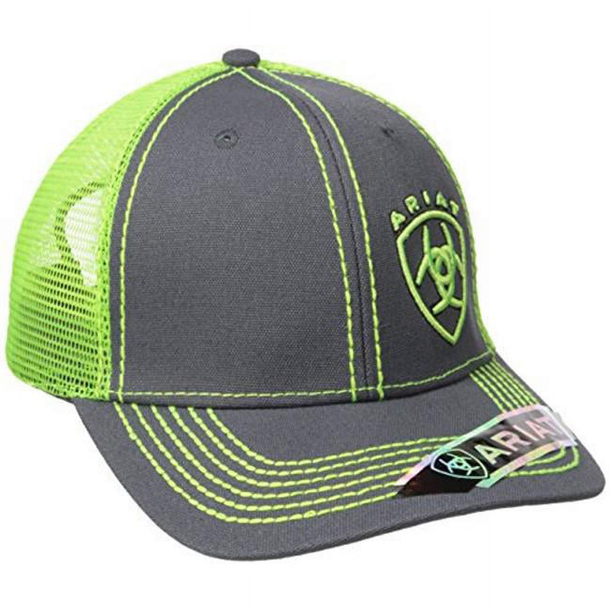 M&F ARIAT MENS SNAP BACK OFFSET SHIELD LOGO CAP GREY/LIME 1595123