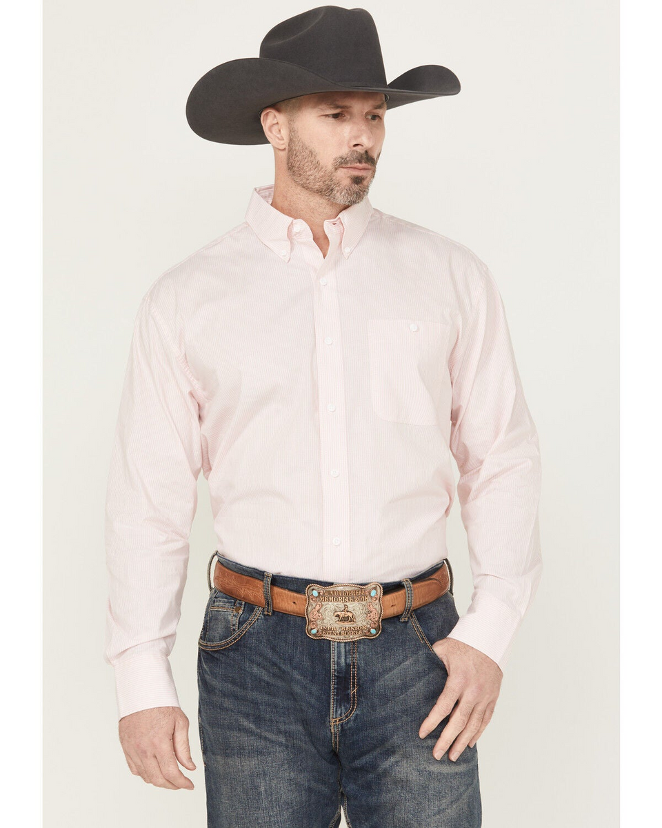 WRANGLER MENS BUCKING CANCER STRIPED LONG SLEEVE BUTTON-DOWN SHIRT WHITE/PINK 2369528