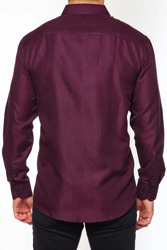 CALVETTI MENS LONG SLEEVE PRINTED SHIRT NAVY/ BURGUNDY HLS2004-112 