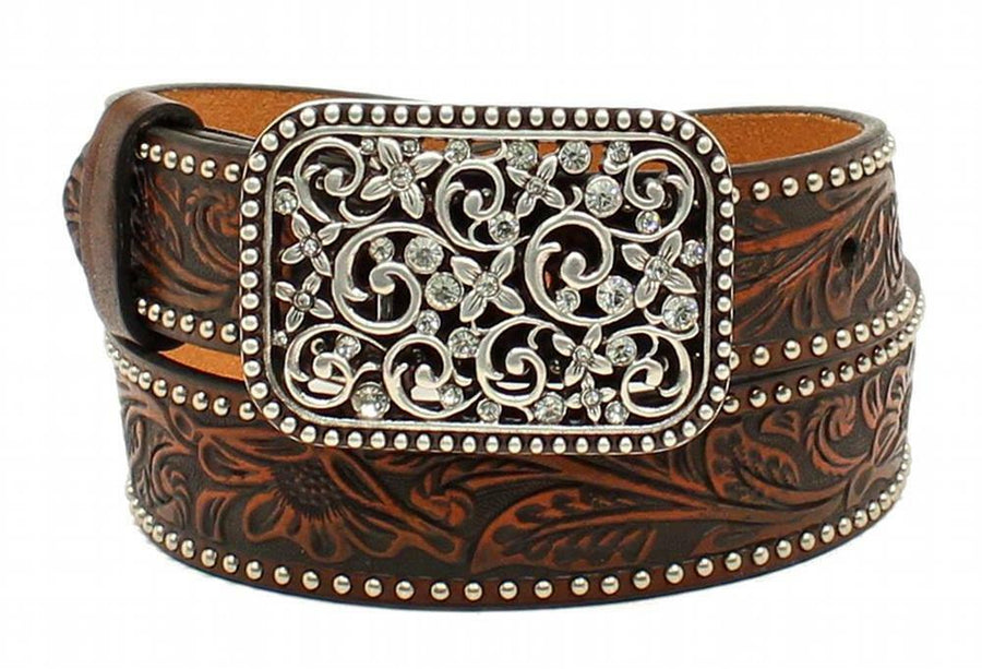 M&F ARIAT GIRLS FLORAL EMBOSSED BELT BROWN A1303602
