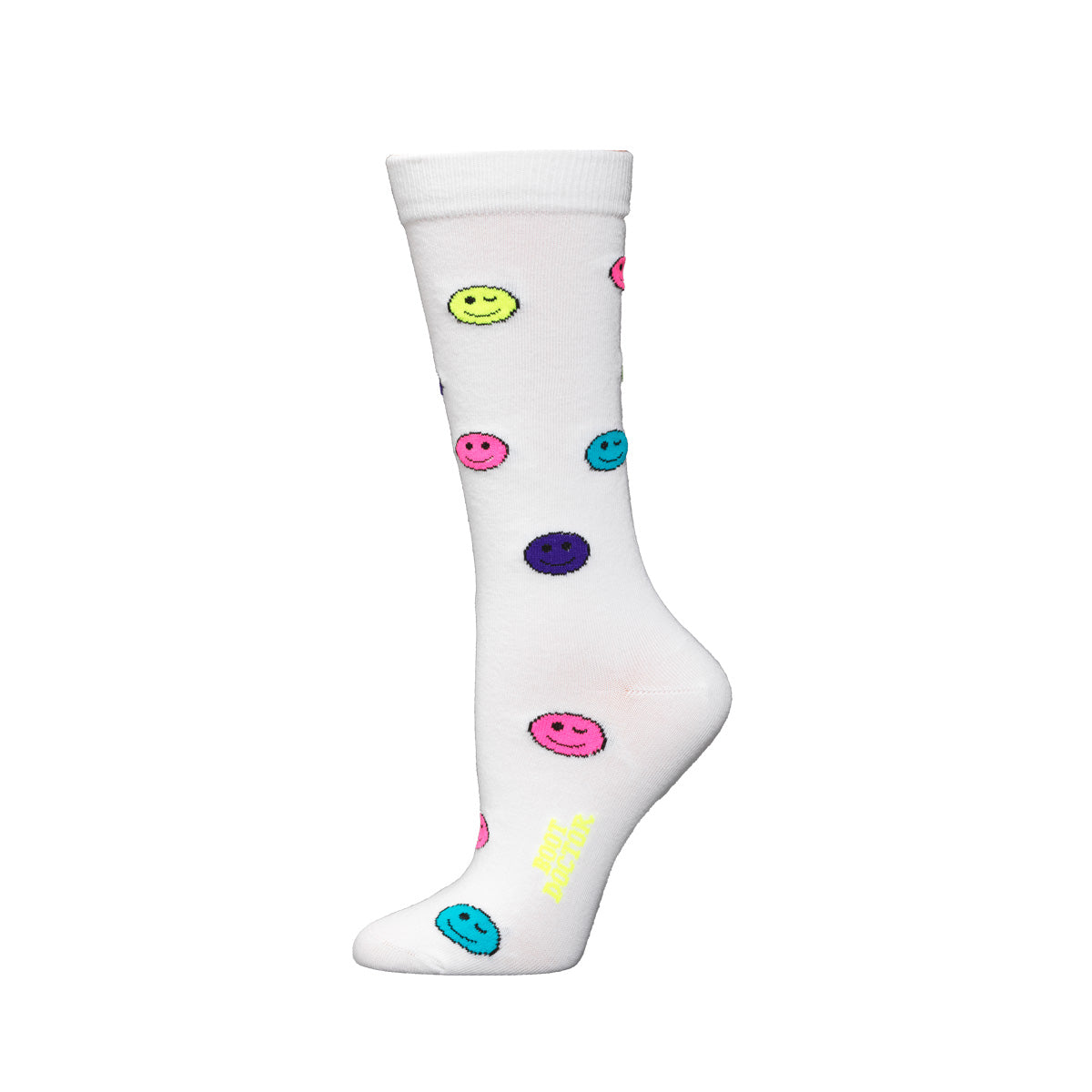 M&F BOOT DOCTOR WOMENS WHITE CREW SOCKS WITH MULTICOLOR SMILEY FACES 0421505