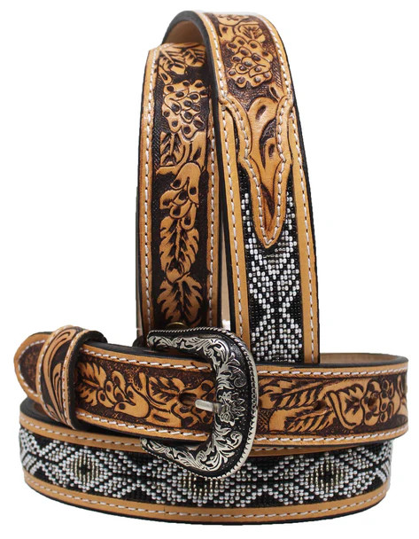 CHALLENGER KIDS WESTERN 1-1/4" BEADED FLORAL LEATHER BELT 26RT28C
