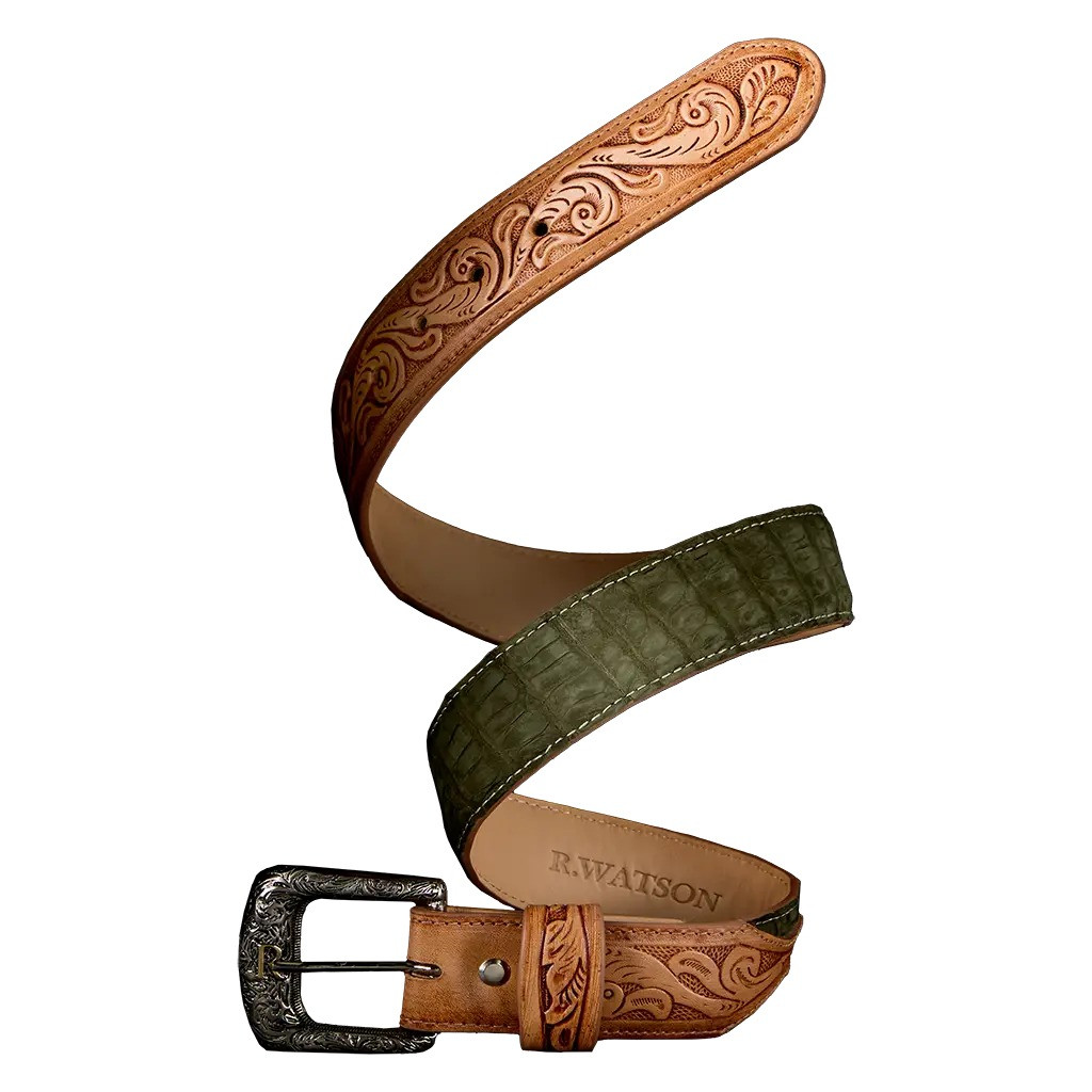 R WATSON NUBUCK SUEDED CAIMAN BELT OLIVE RWB2301
