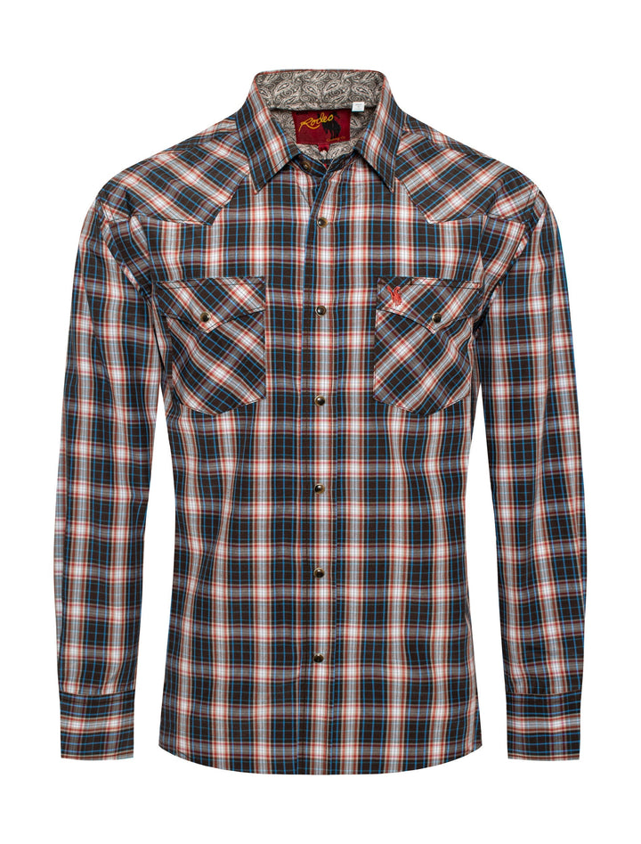RODEO MENS LONG SLEEVE PEARL SNAP PLAID SHIRT RED/BLACK/BLUE PS400L-420