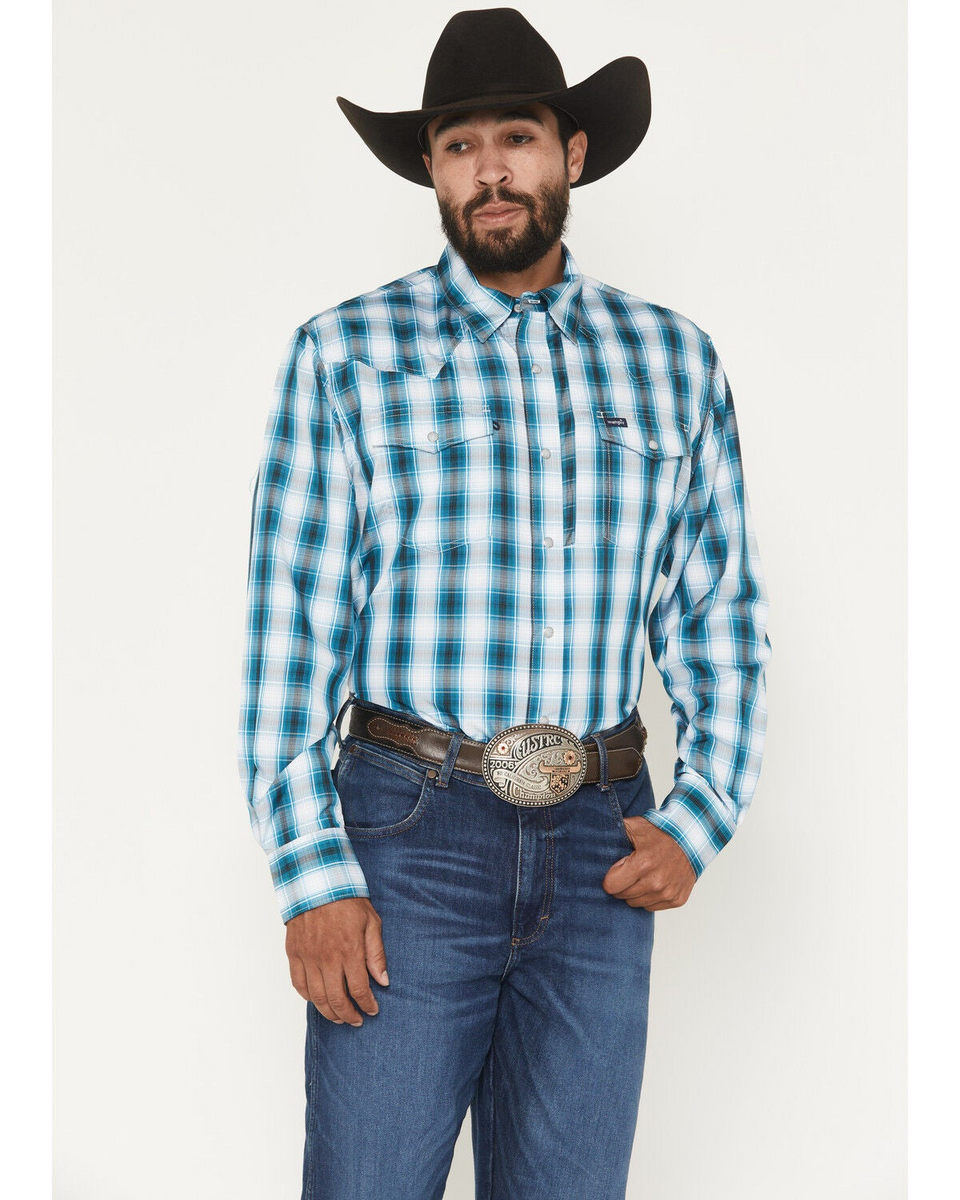 WRANGLER MENS PLAID LONG SLEEVE SNAP SHIRT TEAL/BLACK 2368292