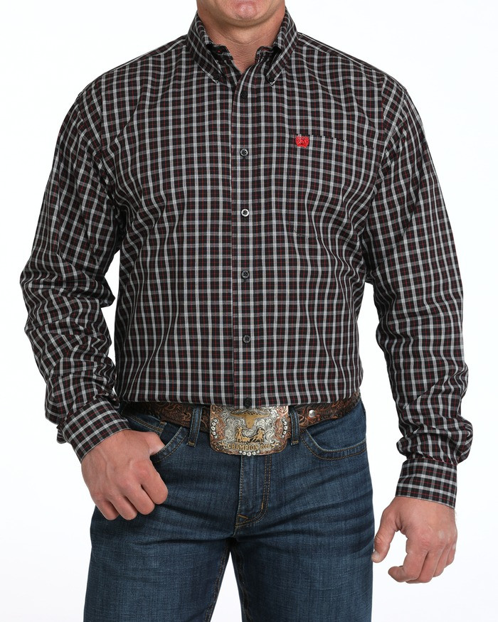 CINCH MENS STRETCH CLASSIC FIT BUTTON-DOWN SHIRT BLACK PLAID MTW1105990