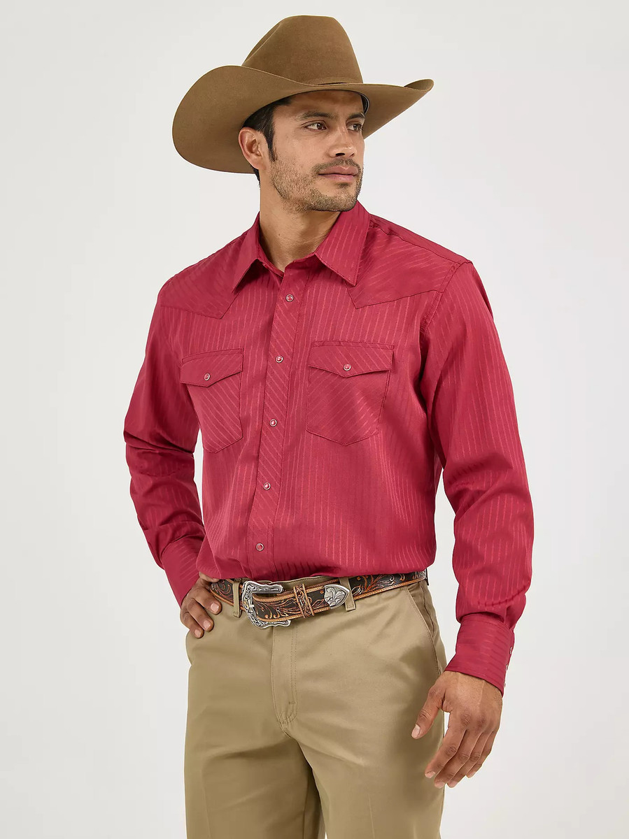 WRANGLER LONG SLEEVE WESTERN SNAP DOBBY STRIPE SHIRT WINE 75740WN