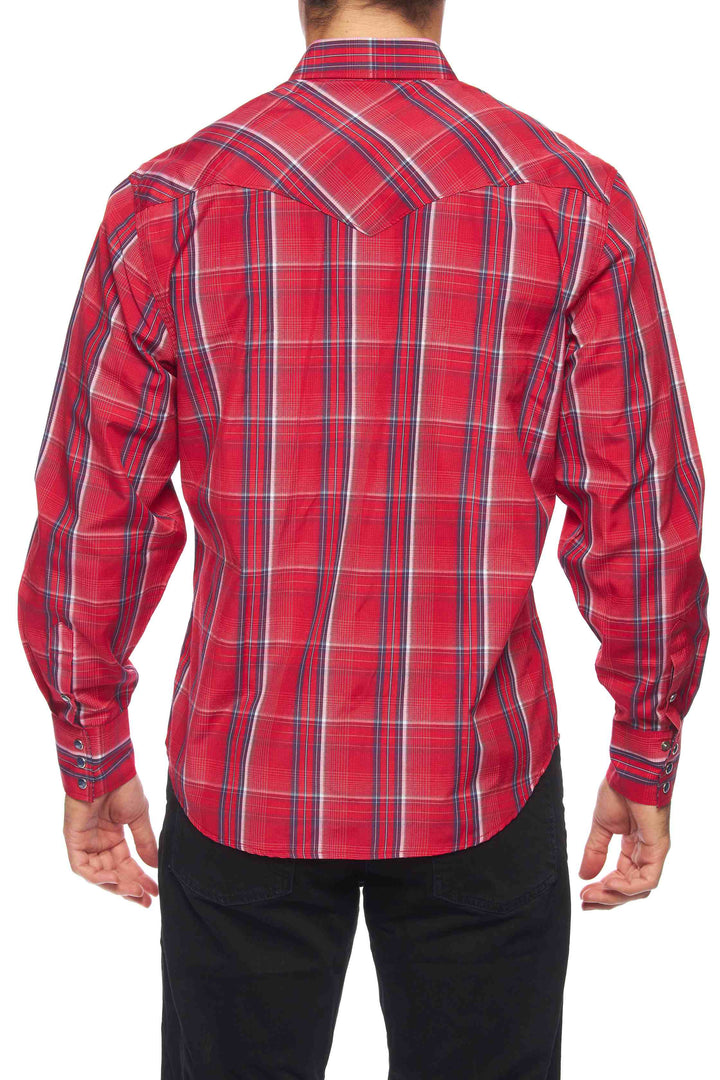 RODEO MENS LONG SLEEVE PEARL SNAP PLAID SHIRT RED/BLUE PS400L-407