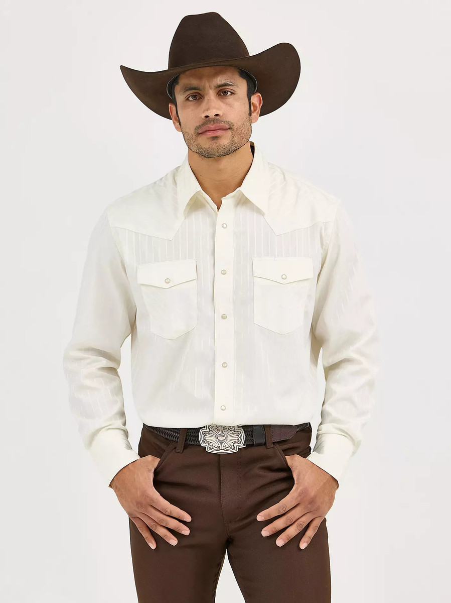 WRANGLER LONG SLEEVE WESTERN SNAP DOBBY STRIPE SHIRT LIGHT TAN 75226TN