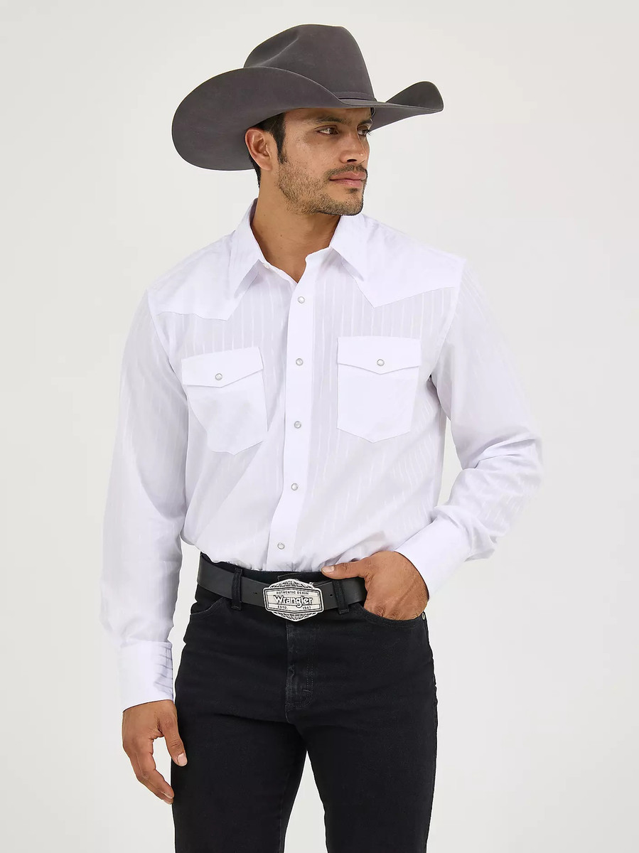WRANGLER WESTERN LONG SLEEVE SNAP DOBBY STRIPE SHIRT WHITE 75221WH