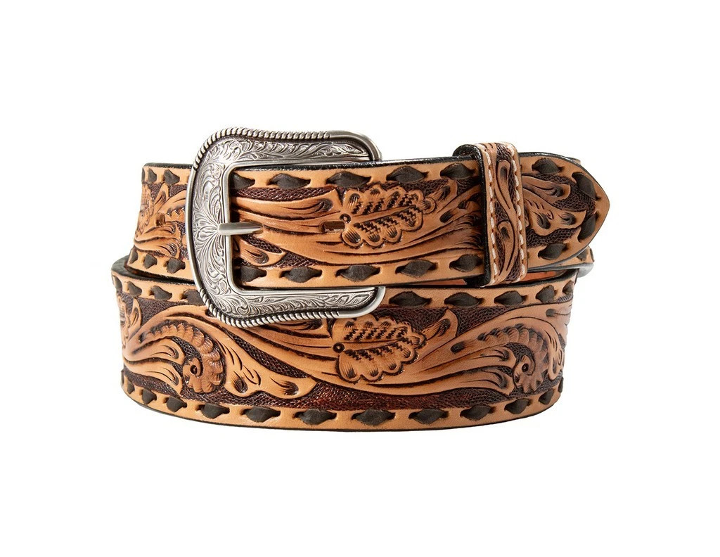 M&F 3D MENS LEAF SCROLL DESIGN LEATHER BELT BROWN D100019602