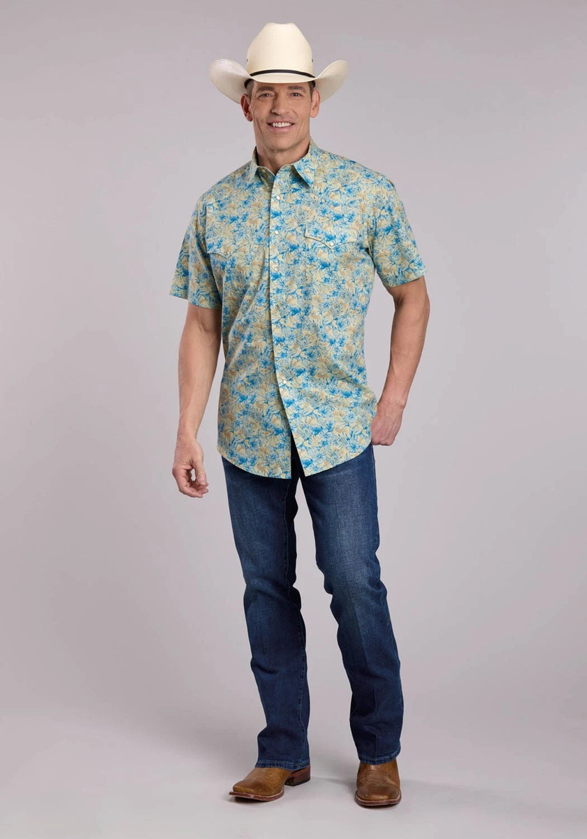 ROPER MENS HIBISCUS DREAMS COTTON SHIRT WHITE/BLUE 03-002-0486-0203