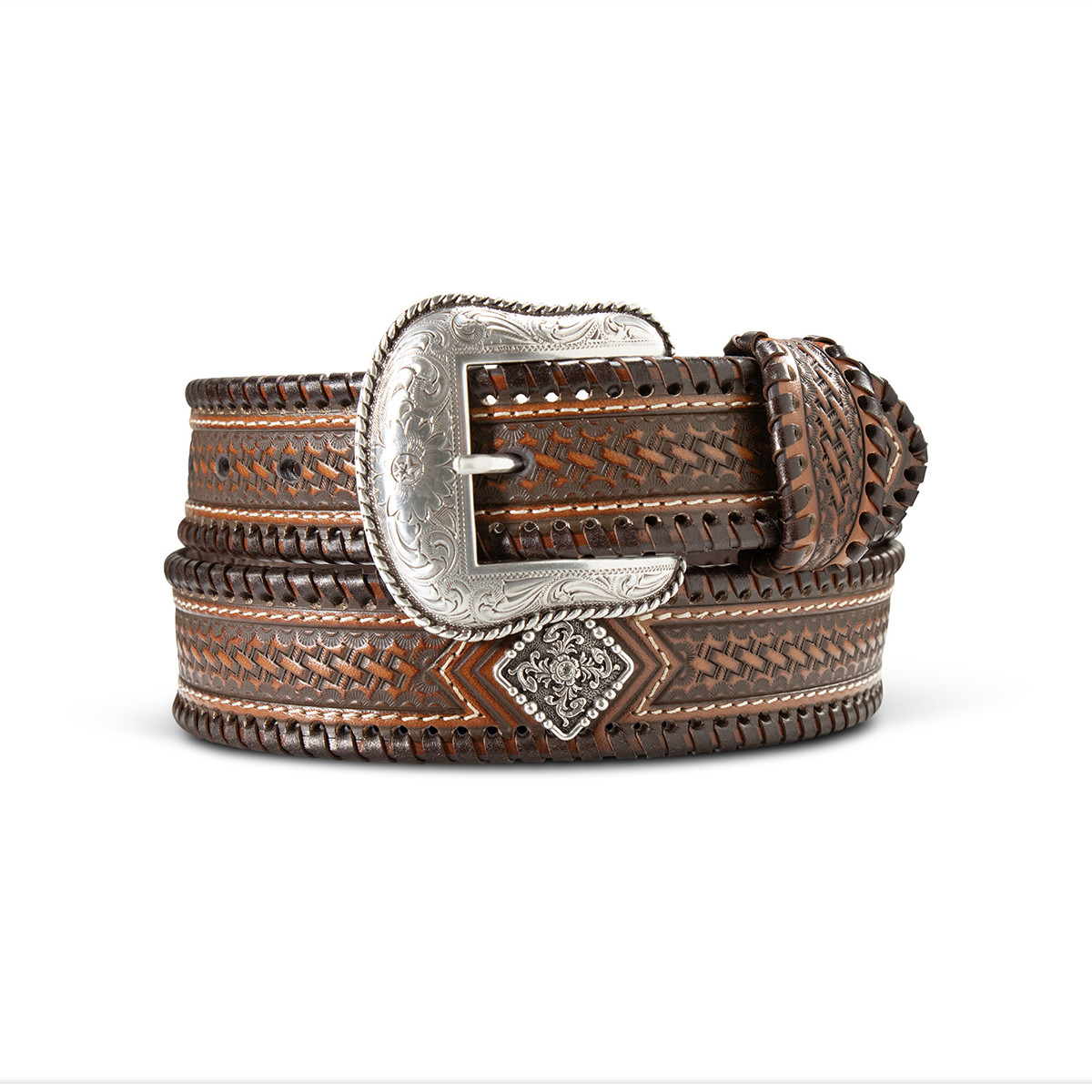 M&F ARIAT WHIP STITCH LACE BELT BROWN  A1044202