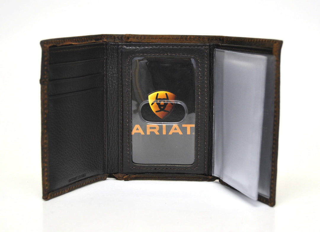 M&F ARIAT CONCHO LOGO BOOT STITCH TRIFOLD WALLET BROWN A3511002