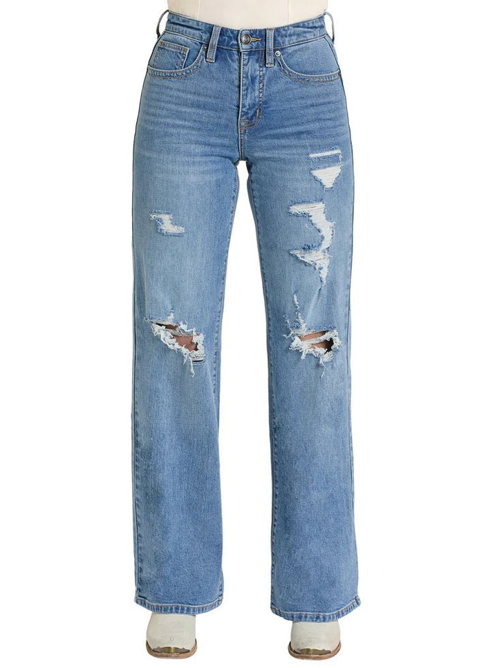 ROCK & ROLL WOMENS DISTRESSED WIDE LEG JEAN MID WASH BW6HD08496